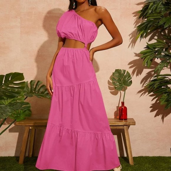 Dresses & Skirts - PINK PUFF SLEEVE ONE SHOULDER WAIST CUT OUT DETAIL MAXI DRESS SUMMER VACAY
